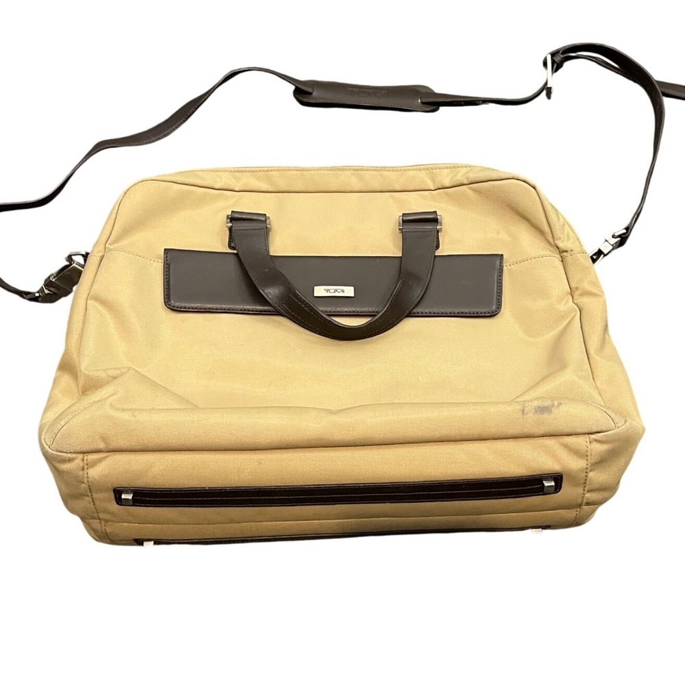 Tumi Laptop Briefcase Unisex OS Tan Ballistic Nylon Leather Trim Messenger
